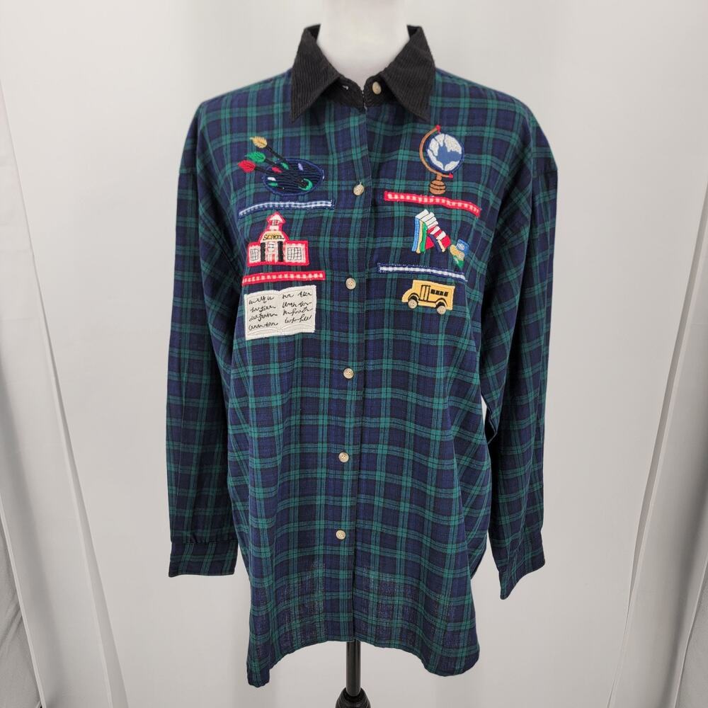 BSA Shirt Womens Large Plaid Blue Green Embroidered School Patches Teacher